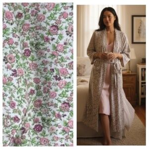 Vermont Country Store Robe Bathrobe Sz Large 12 14 Floral Cottage Pink Green